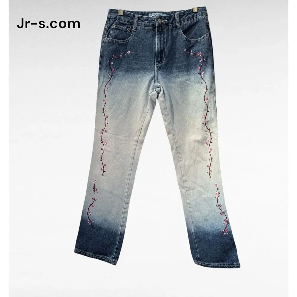 JR-S.com blue ombre style w/embroidered flowers Y2K Jeans Sz 9/10